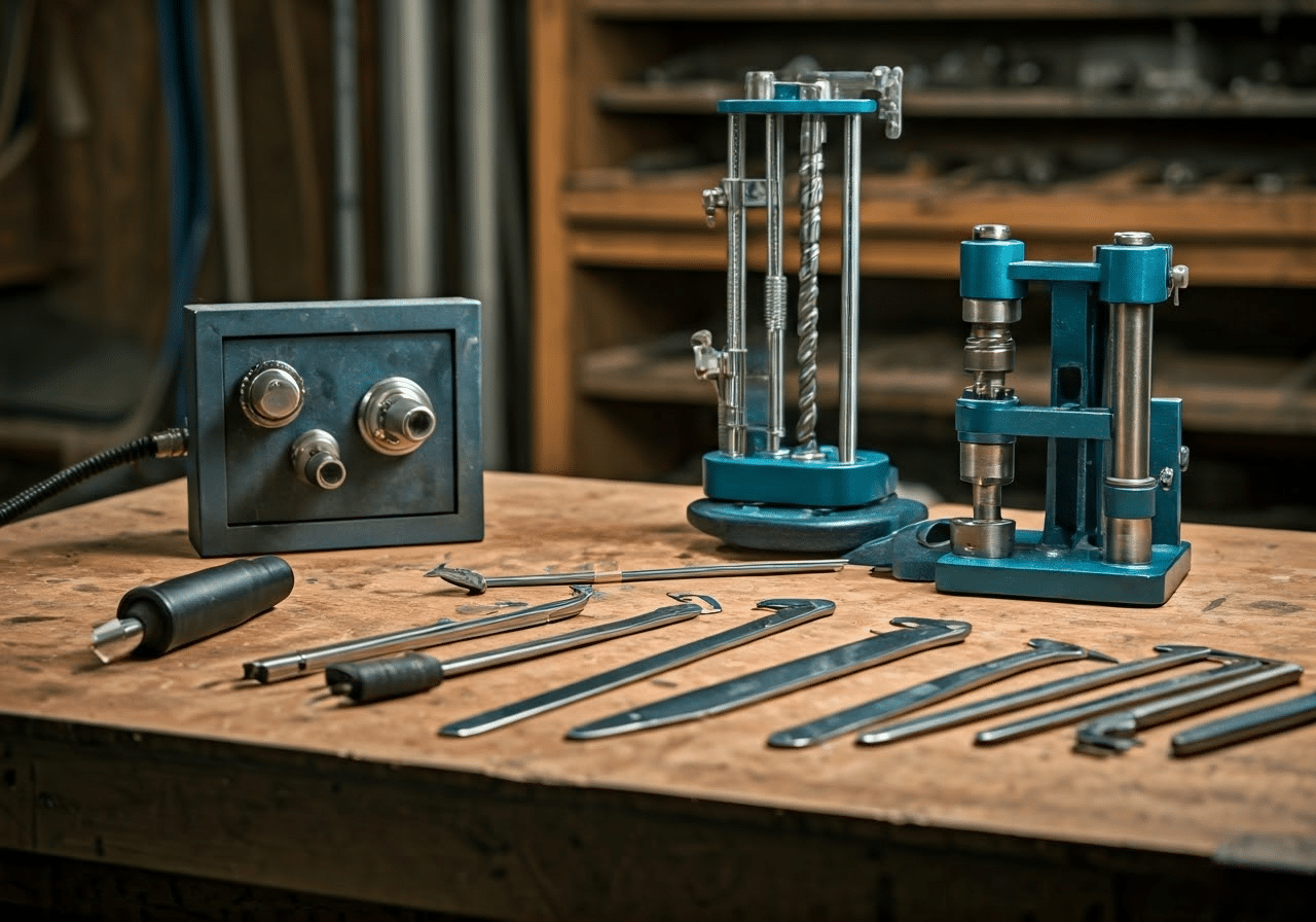 Collection of locksmith tools on workbench