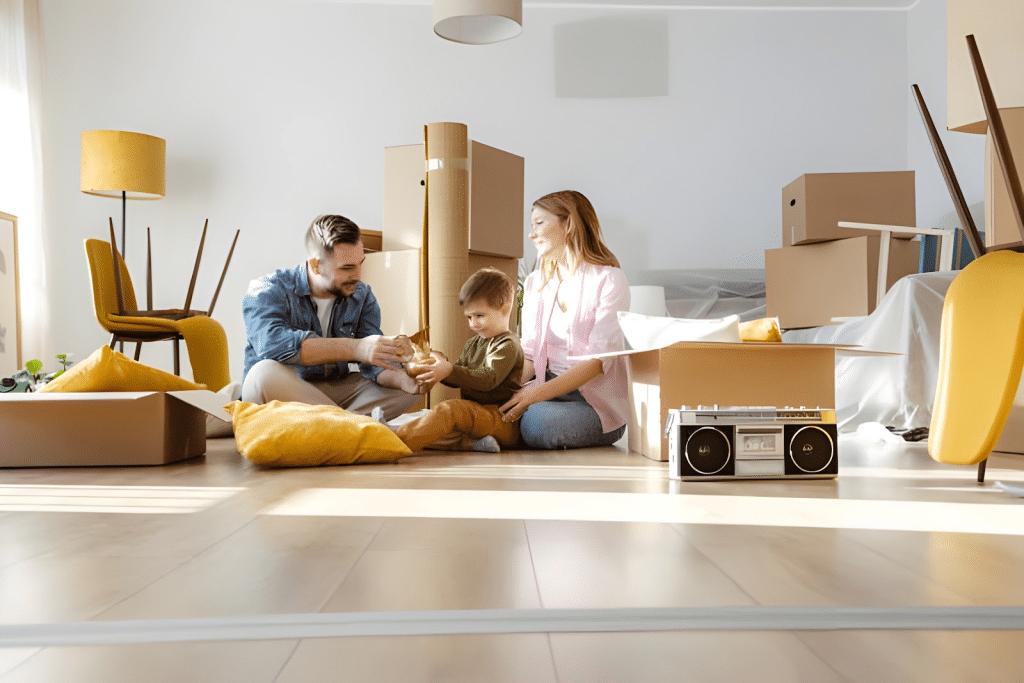 A small family packing their belongings