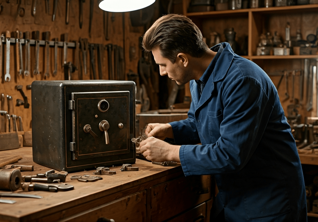 Locksmith examining an antique safe